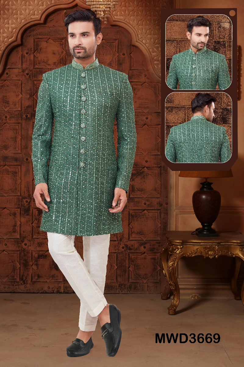 Green Readymade Sherwani With Chikankari Embroidery, 36-1.webp